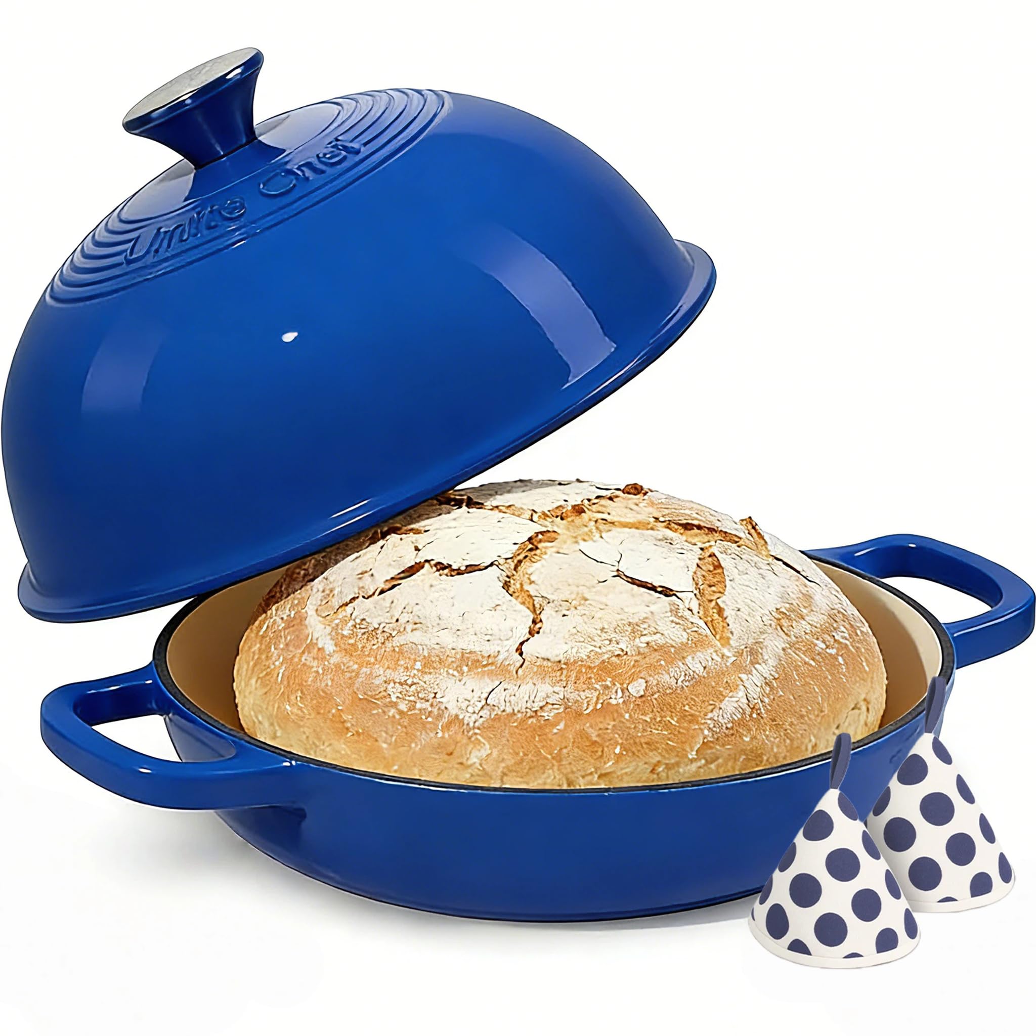Umite Chef Enameled Cast Iron Dutch Oven for Sourdough Bread Baking — 6QT Dark Blue Pot with Lid & Cotton Potholders