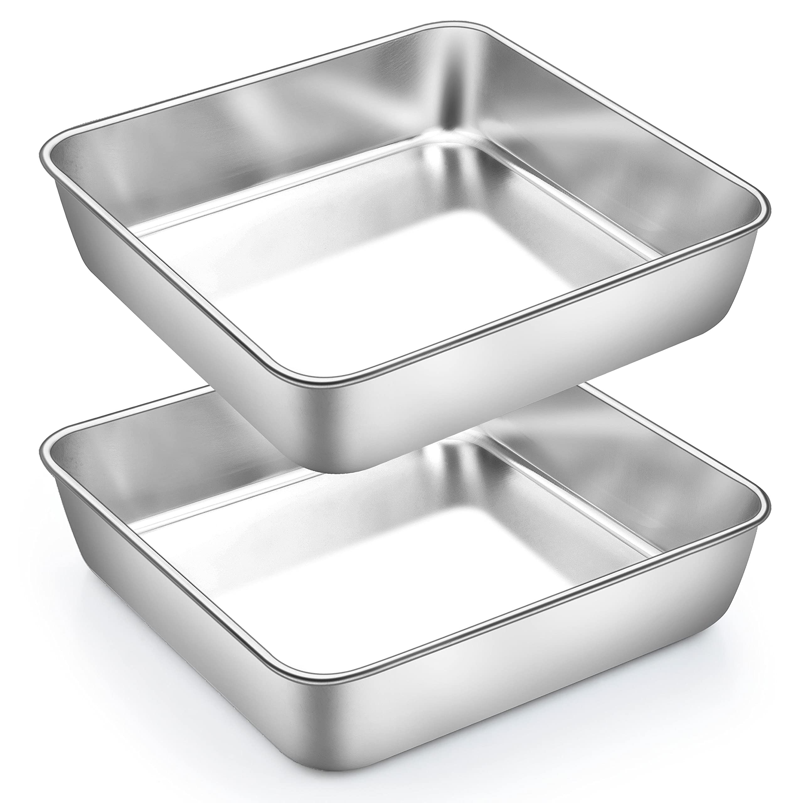 TeamFar 2-Pack 8" Stainless Steel Square Cake Pans – Non-Toxic, Sturdy & Dishwasher Safe