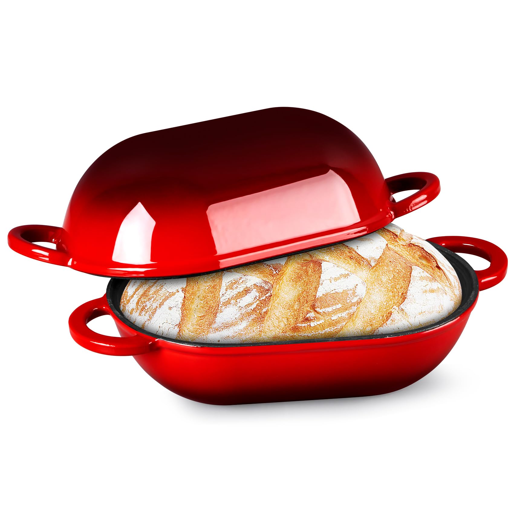 TeamFar Enameled Cast Iron Bread Loaf Pan – 2 Qt Oval Dutch Oven with Lid, Red | Ideal for Sourdough Bread & Meatloaf Ba