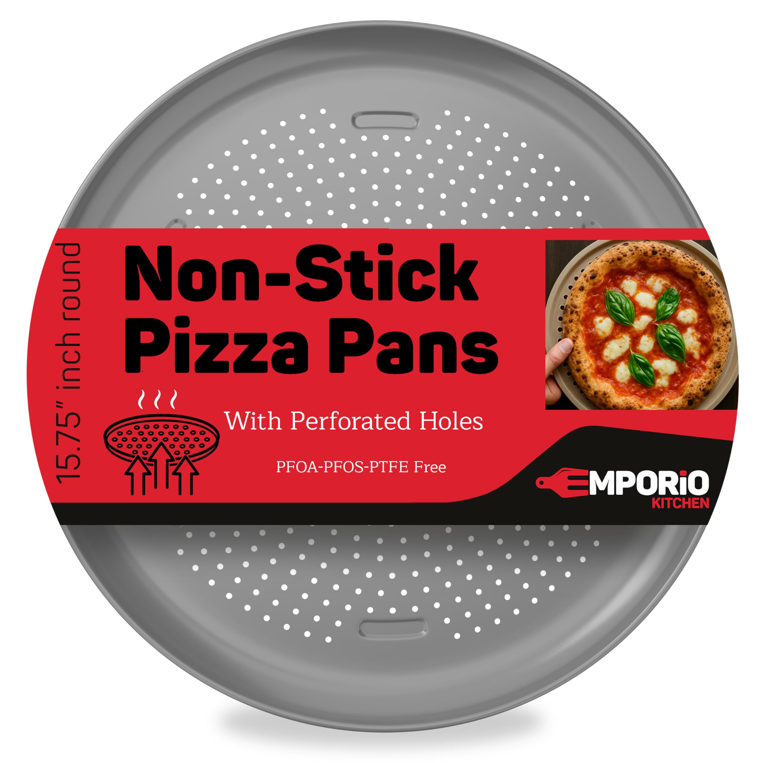 Non-Stick 16-Inch Pizza Pan — Round Carbon Steel Perforated Pizza Tray, PFOA/PFOS/PTFE-Free, Oven & Dishwasher Safe to 4