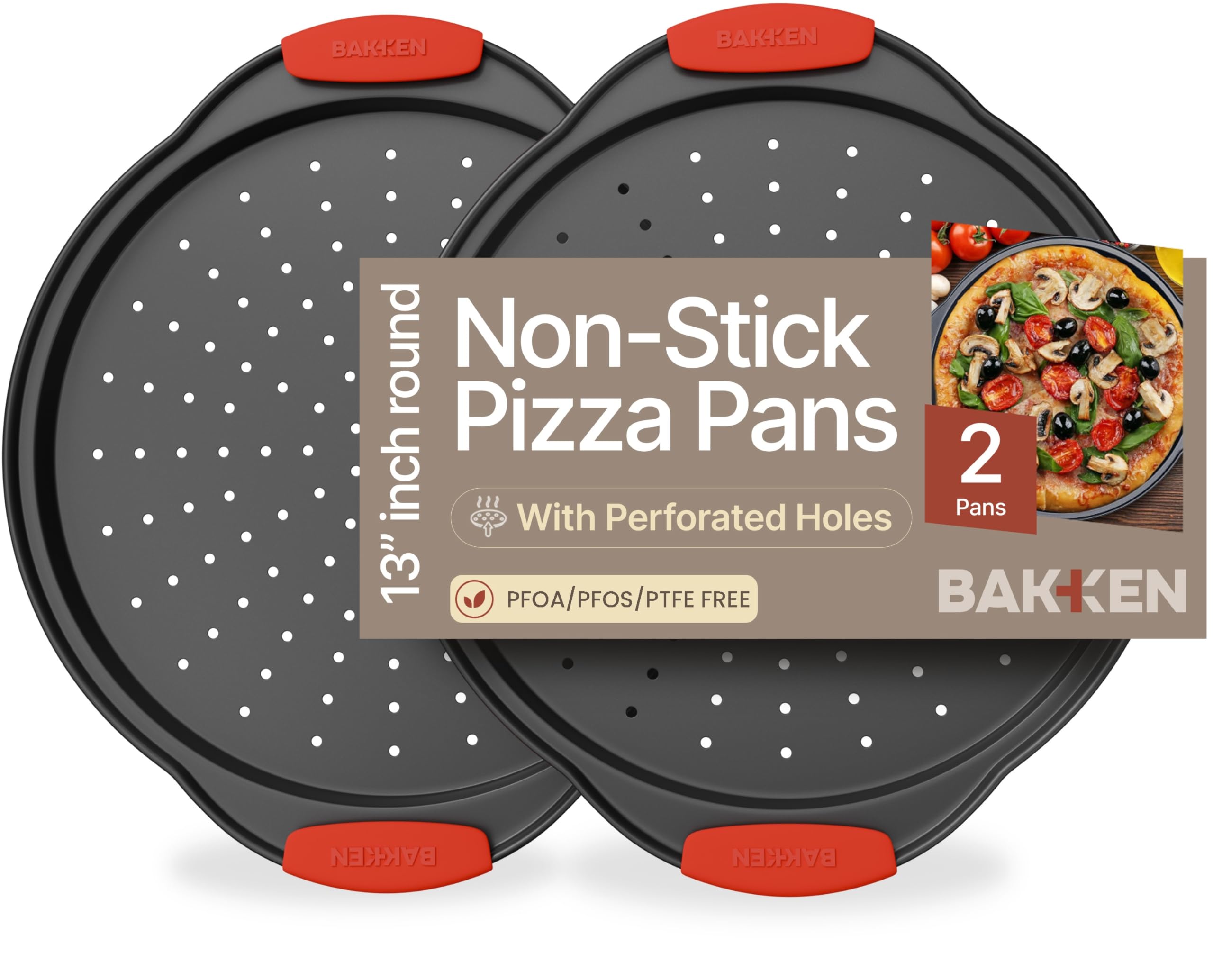 Bakken Carbon Steel Pizza Pan Set (2 Round) – Perforated Non‑Stick Pizza Trays with Silicone Handles, PFOA/PFOS/PTFE Fre