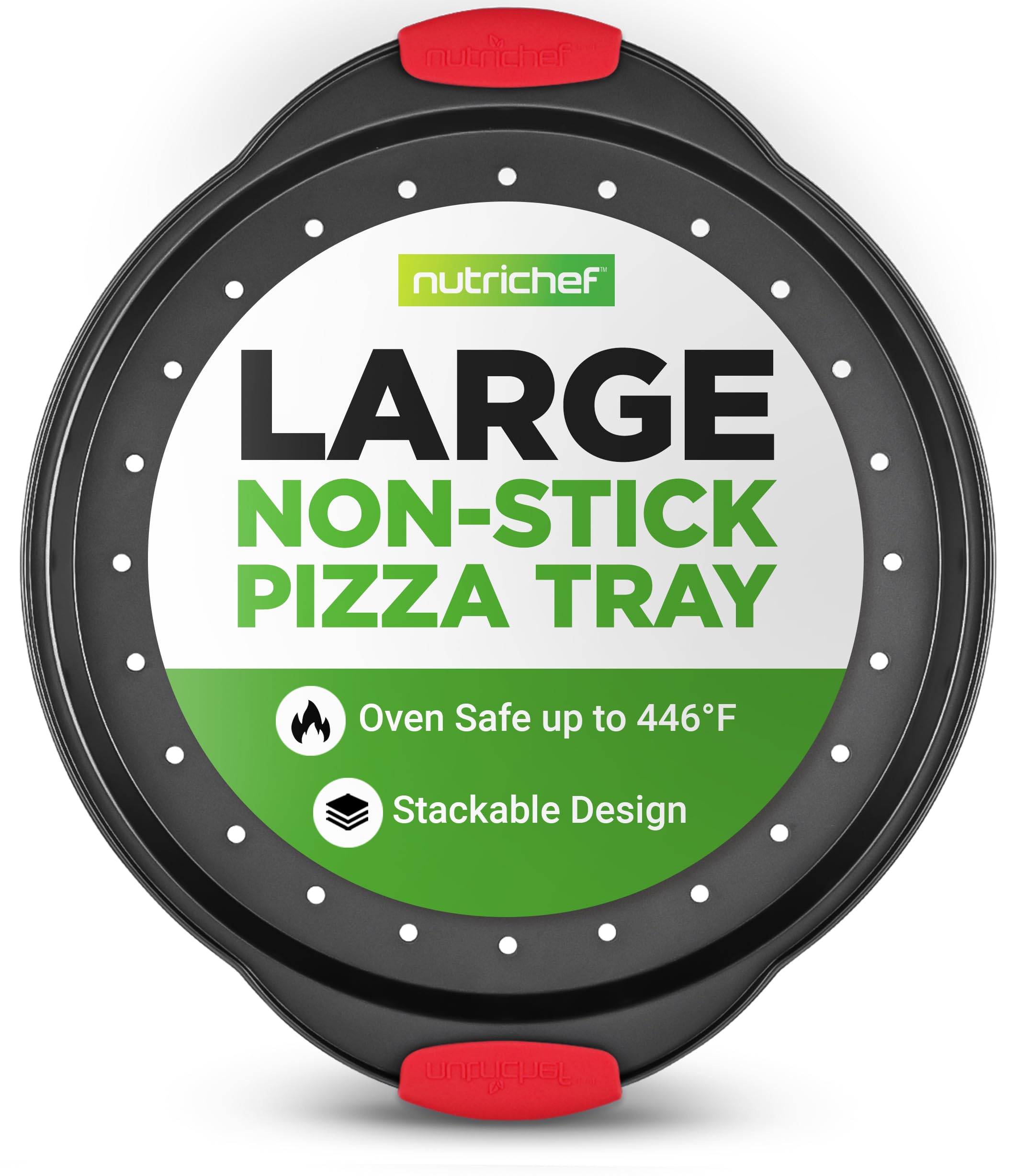 NutriChef 13-Inch Perforated Carbon Steel Nonstick Pizza Pan — Silicone-Grip Handles, Crispy-Crust Bakeware, Dishwasher 