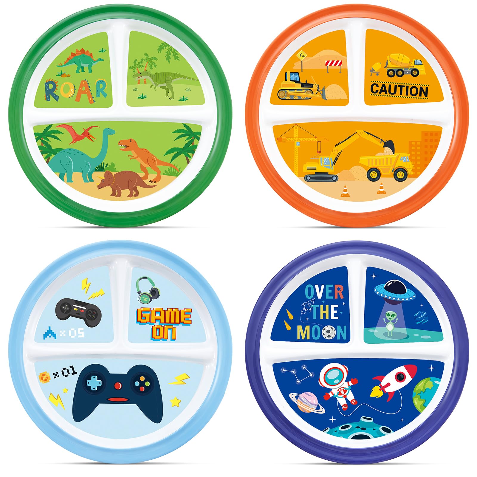 Hushee Kids Divided Dinner Plates – 3-Compartment Reusable Toddler Plates, 4-Pack 8.5" BPA-Free & Dishwasher/Microwave S