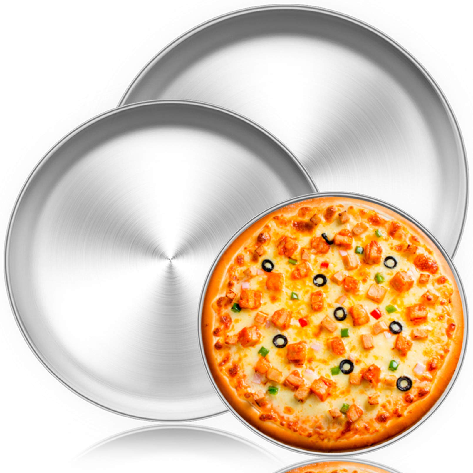 TeamFar 3-Piece Stainless Steel Pizza Pan Set (10″, 12″, 1|4″) — Heavy-Duty, Rust‑Free & Dishwasher Safe Round Pizza Pan