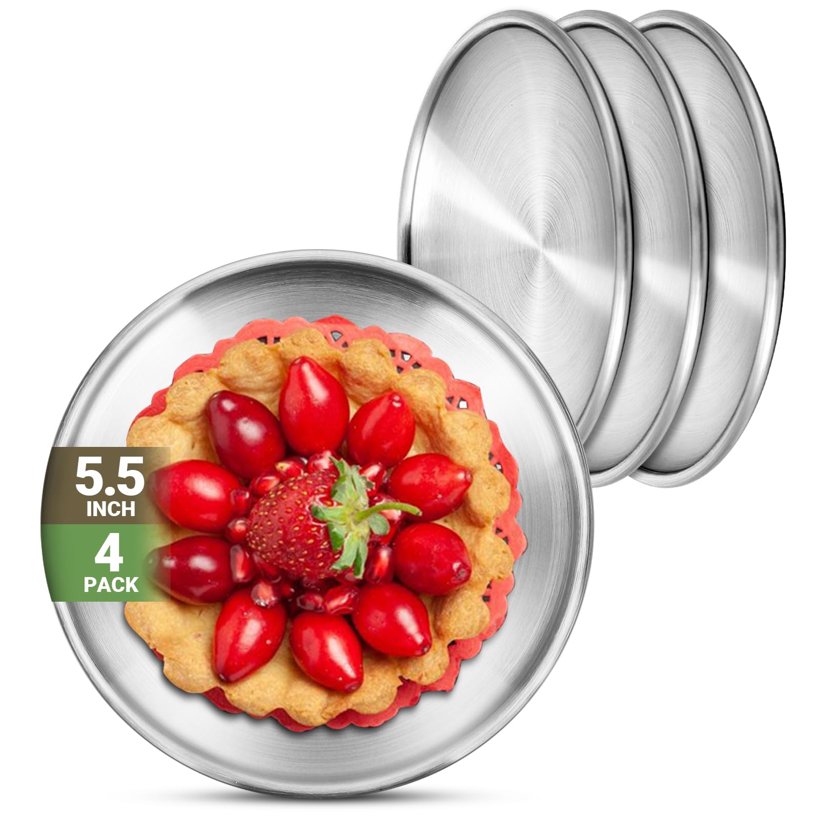 Stainless Steel Snack Plates 4-Pack 5.5" 304 (18/8) Metal Serving Dishes — Reusable Shatterproof Dinnerware, Oven & Dish