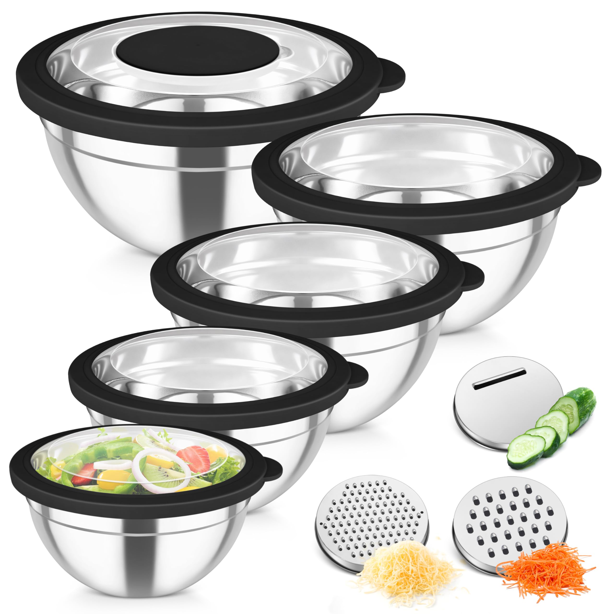 TeamFar Stainless Steel Mixing Bowls Set of 5 — Nesting & Airtight Prep/Storage Bowls with Clear Lids & 3 Graters, |6/|6
