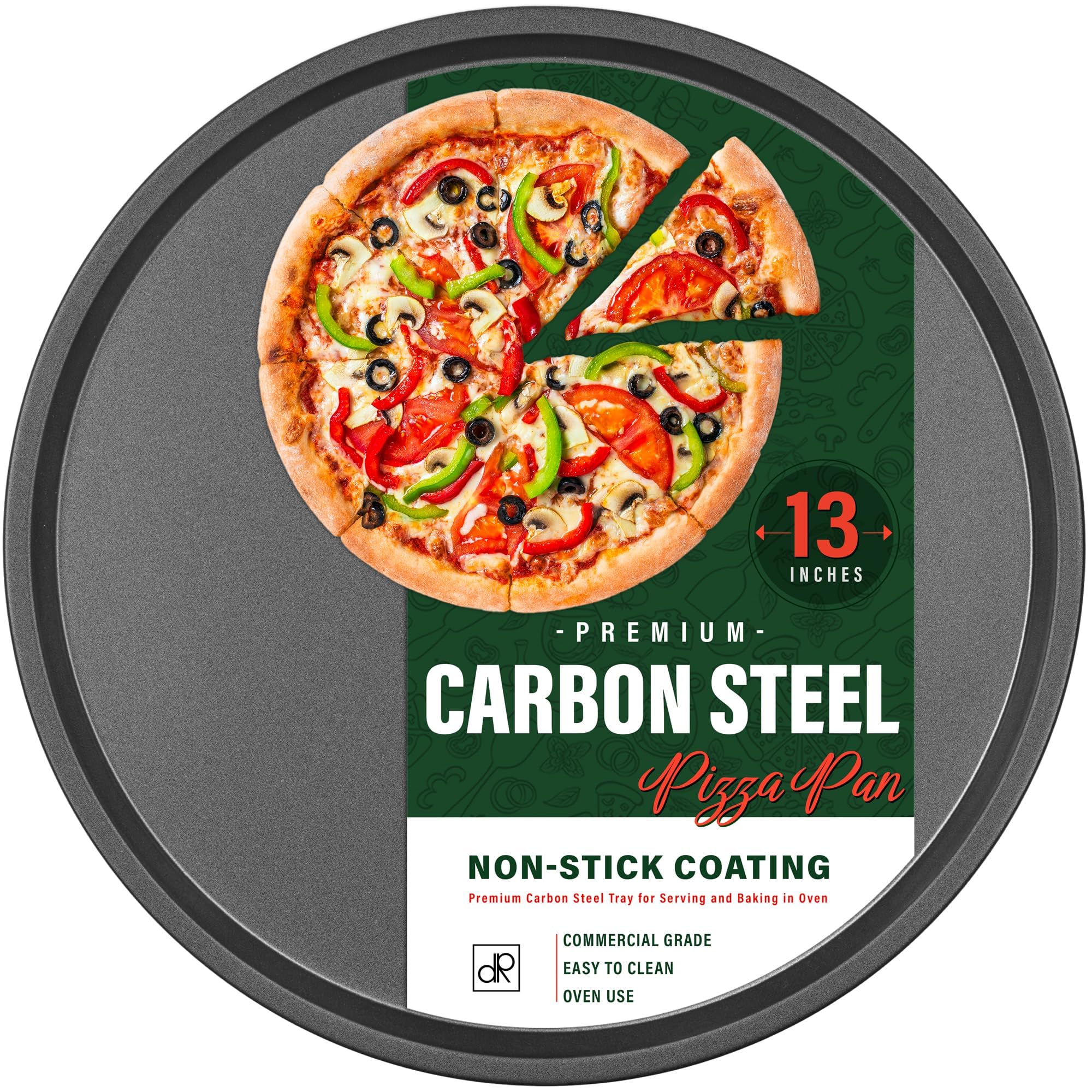 DecorRack 13-Inch Carbon Steel Pizza Pan — Premium Non-Stick, Heavy-Duty Commercial-Grade Oven-Safe Round Baking Tray (1